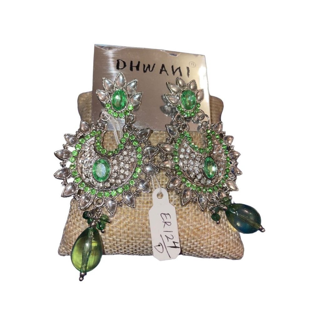 Dhwani Pierced Earrings Silver tone Clear Green Rhinestones Prom 2.5" NEW on Car